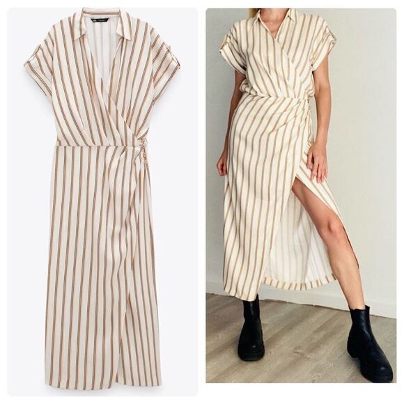 Zara Wrap Style Striped Draped Dress - Picture 1 of 4